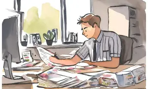 Uomo d'affari esamina documenti, un'illustrazione che suggerisce come trovare dipendenti qualificati per la tua azienda.
