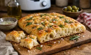 Une focaccia dorée, garnie de romarin frais et de gros sel, prête à être dégustée. Une recette simple pour un pain savoureux.