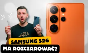 Zaskoczony mężczyzna trzymający rysik obok pomarańczowego Samsung Galaxy S26. Czy nowy model rozczaruje?