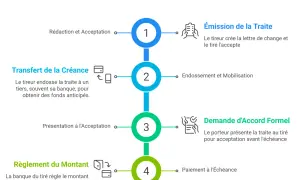 Schéma des étapes clés d'une lettre de change, expliquant la lcr définition : émission, endossement, demande d'accord formel et règlement.