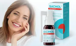 Uśmiechnięta kobieta obok sprayu na afty Sachol. Szybka ulga w bólu i zapaleniu jamy ustnej.