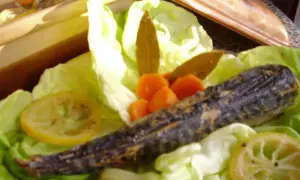 Un maquereau au vin blanc, servi sur un lit de laitue avec des carottes et des rondelles de citron.