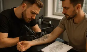 Tatuador creando un diseño de flor en el brazo de un cliente, con un boceto similar en un cuaderno.