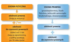 Schemat porównuje osobę fizyczną i prawne przykłady: przedsiębiorstwa, Skarb Państwa. Pokazuje ich zdolność prawną i do czynności prawnych.