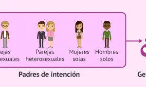 Padres de intención (parejas homosexuales, heterosexuales, mujeres solas, hombres solos) y gestante. Ilustra la gestación subrogada.
