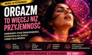 Kobieta z zamkniętymi oczami i stylizowany mózg, otoczeni neonowymi światłami.