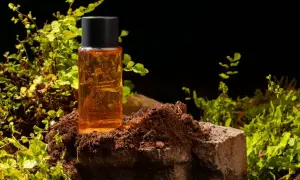 Bursztynowy płyn w butelce, otoczony ziemią i zielenią, sugeruje, jak pachnie ambra – ciepło i naturalnie.