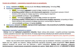 Fragment tekstu z instrukcjami pisania rozprawki, z wyróżnionymi słowami kluczowymi.
