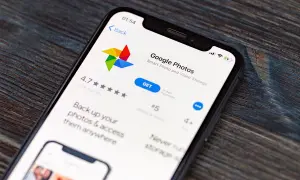 Page de l'application Google Photos sur un smartphone, avec le bouton "GET".