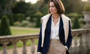 Elegancka kobieta w perłach i marynarce, uosobienie stylu old money, spaceruje po posiadłości.