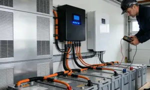 Instalacja magazynu energii 10kW. Technik sprawdza połączenia baterii z falownikiem. Sprawdź magazyn energii 10kw cena.