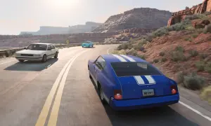 Trzy samochody jadą krętą drogą przez pustynny krajobraz. Zastanawiasz się, ile kosztuje BeamNG Drive na Steam?
