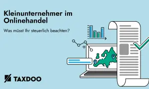 Kleingewerbe im Onlinehandel: Was ist ein Kleingewerbe und was muss steuerlich beachtet werden? Grafik zeigt Laptop mit Karte, Charts und Dokument.