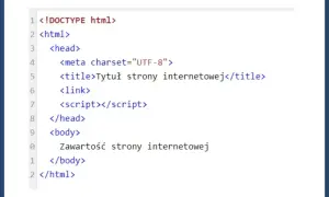 Podstawy, jak zrobić stronę HTML w notatniku: kod z nagłówkiem, tytułem i ciałem strony.