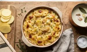 Un gratin dauphinois onctueux, prêt à être dégusté, comme le ferait Cyril Lignac. Des pommes de terre fines, dorées et gratinées.