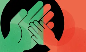 Zwei Hände, grün und rot, treffen sich in einem Kreis. Ein Symbol für positiven Frieden und Zusammenhalt.