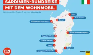 Sardinien-Rundreise mit dem Wohnmobil: Karte zeigt Route von Olbia über Sassari und Cagliari, mit Stopps an Nationalparks und Stränden. Perfekt für deinen Sardinien Roadtrip!