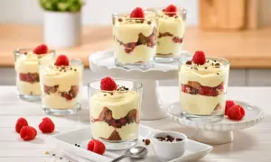 Schichtdesserts im Glas mit Himbeeren, Keksen und Creme. Ein schnelles Dessert, das mit frischen Beeren und Schokostreuseln verziert ist.