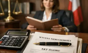 Prawniczka analizuje dokumenty, w tym "Akt Zgonu" i "Wycena Nieruchomości", by ustalić wartość zachowku na jaki dzień.
