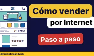Ilustración de una app de ecommerce con el texto "Cómo vender por Internet paso a paso".