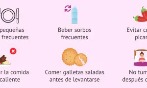 Consejos para aliviar las náuseas del embarazo: comer poco y a menudo, beber sorbos, evitar picantes, comida no muy caliente, galletas saladas al despertar y no tumbarse tras comer.