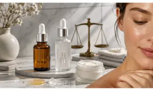 Sieri e creme per la pelle, con bilancia d'epoca. L'acido salicilico a cosa serve? Per una pelle equilibrata e luminosa.
