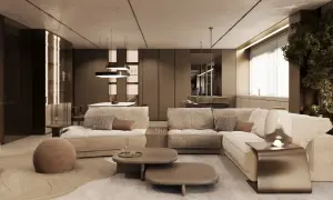 Przytulny salon w stylu quiet luxury: beżowa sofa, drewniane stoliki, miękki dywan i subtelne oświetlenie tworzą oazę spokoju.