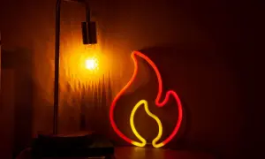 Neonowy płomień i żarówka tworzą ciepłą atmosferę. Czy to symbol grzejnika na podczerwień wady?