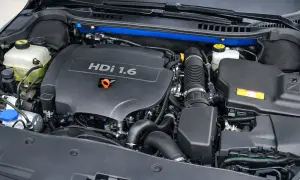 Silnik HDI 1.6 z widocznymi przewodami i zbiornikami płynów.
