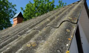 Faliste płyty eternitowe, pokryte mchem i porostami, pokazują, jak wygląda azbest na starym dachu. W tle ceglany komin i drzewa.