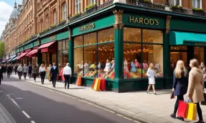 Folk shoppar på Harrods, en av Londons mest kända london butiker. Fönstren är fyllda med färgglada varor och skyltdockor.