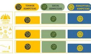 Diagram visar olika kompetensområden: teknisk, social och konceptuell. Dessa är kopplade till förbundsledning, stödsystem och tränare, vilket illustrerar breda bra kompetenser.