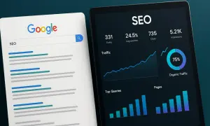 Pantalla de Google con búsqueda "SEO" y tablet mostrando métricas de SEO: tráfico, clics, impresiones. Ideal para aprender SEO gratis.