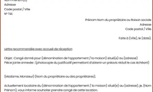 Modèle de lettre recommandée avec accusé de réception pour une lettre résiliation bail locatif. Le document détaille les informations du locataire et du propriétaire.