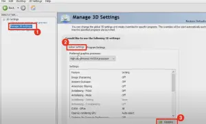 Przywróć domyślne ustawienia karty graficznej w panelu sterowania NVIDIA. Kliknij "Restore" (3) po wybraniu "Manage 3D settings" (1) i "Global Settings" (2).
