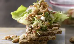 Leckeres Krabbensalat Rezept auf Vollkornbrot mit Salat, Radieschen und Kresse. Frisch und appetitlich angerichtet.