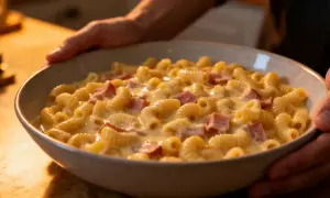 Un plat réconfortant de coquillettes au jambon, baignant dans une sauce crémeuse au fromage. Parfait pour un repas rapide et savoureux.