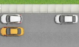 Steg 2: En gul bil står redo att lära sig hur man fickparkerar mellan en vit bil och trottoaren.