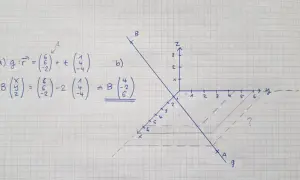 Mathematische Aufgabe: Schnittpunkt Gerade Ebene. Vektorgleichung einer Geraden und Koordinaten eines Punktes B.