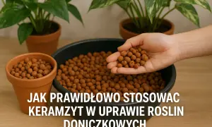 Dłoń trzyma keramzyt, pokazując, ile go potrzeba do doniczki. W tle rośliny w doniczkach.
