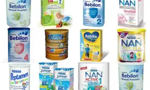 Różne rodzaje mleka modyfikowanego dla niemowląt i dzieci: Bebilon, Bebiko, Enfamil, NAN, Peptamen.