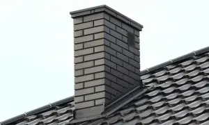 Nowy, ciemny komin z cegły, pokryty specjalną farbą do komina, doskonale komponuje się z czarnym dachem.