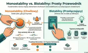 Monostabilny (chwilowy) działa jak dzwonek, bistabilny jak włącznik światła. Różnica między nimi to sposób powrotu do pozycji.