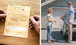 Här visas en anmälan om ägarbyte. Denna del av registreringsbeviset ska vara i bilen vid ägarbyte.