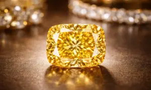 Olśniewający żółty diament, symbol luksusu. Gdzie można znaleźć diamenty? W skarbcach, u jubilera, a czasem w naturze.
