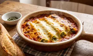 Cannelloni maison gratinés, fumants et dorés, servis dans un plat en terre cuite avec une baguette croustillante.