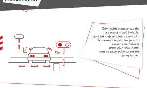 Ilustracja pokazuje samochód na przejeździe kolejowym, gdzie migają światła i opadają rogatki. Wskazówka dla kierowców: gdy auto zostanie uwięzione między rogatkami, należy je wyłamać.