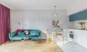 Nowoczesny salon z turkusową kanapą i jadalnią, inspiracja dla najpopularniejszych stylów aranżacji wnętrz.