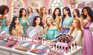 Uśmiechnięte kobiety otoczone kosmetykami Mary Kay. Wiele palet cieni, szminek i pędzli. W tle półki z produktami.