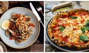 En tallrik italiensk pasta med skaldjur och en pizza Margherita.